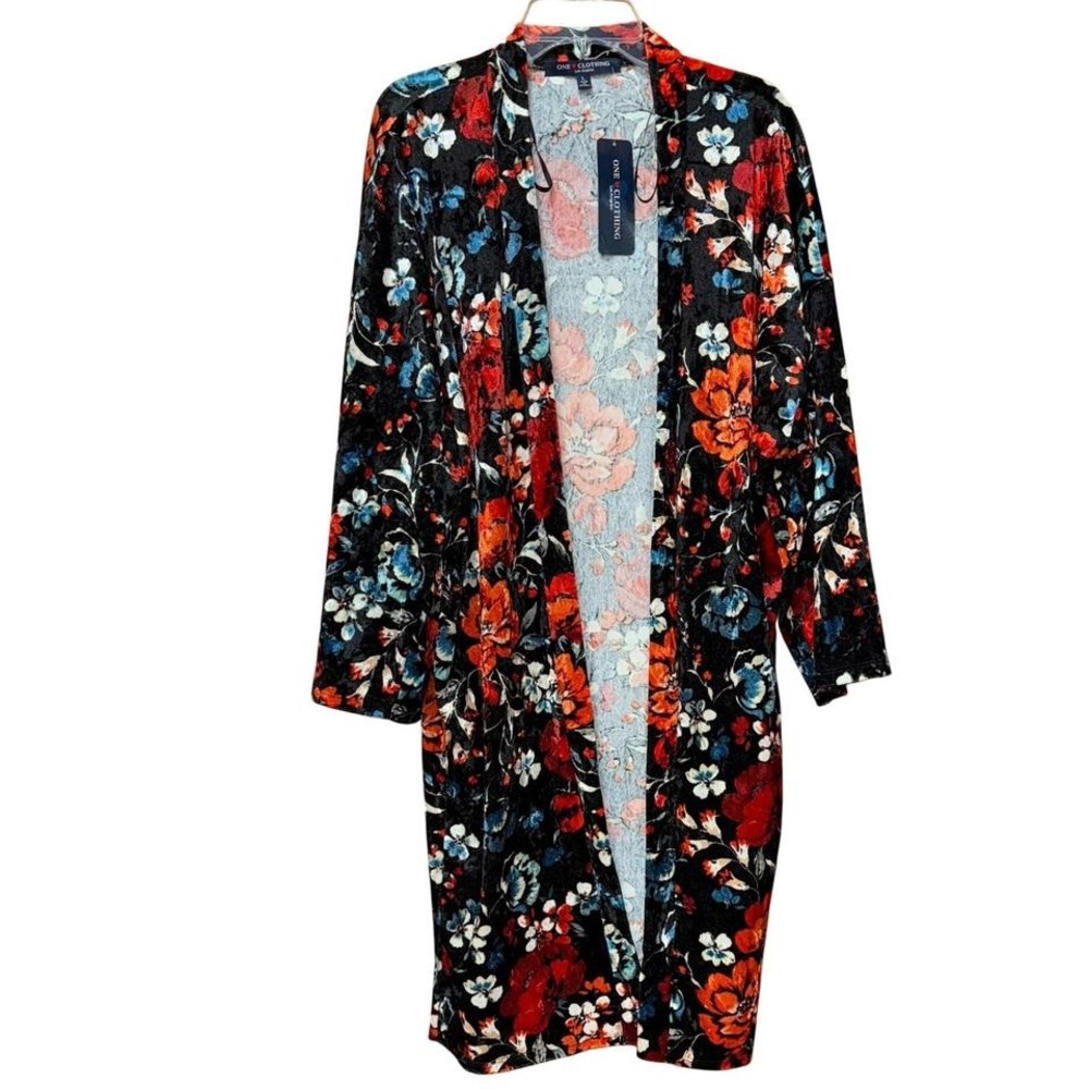 NWT ONE CLOTHING Gothic‎ Floral Velvet Kimono Cardigan Duster L Long Sleeve Boho